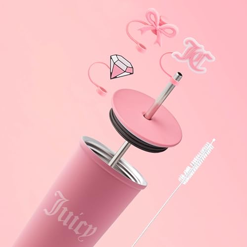 Juicy Couture 6-Piece Tumbler Gift Set With 24oz Stainless Steel Tumbler With Reusable Straw, 3 Straw Toppers and Cleaning Brush, Pink Hot Pink 24 Ounces