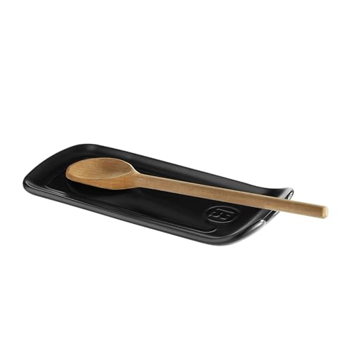 Emile Henry ceramic spoon rest in truffle color, 9x4 inches, made in France, designed to hold cooking spoons and utensils.