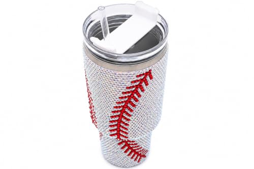 Baseball 40 Oz Rhinestone Bling Tumbler Cup with Handle and Straw