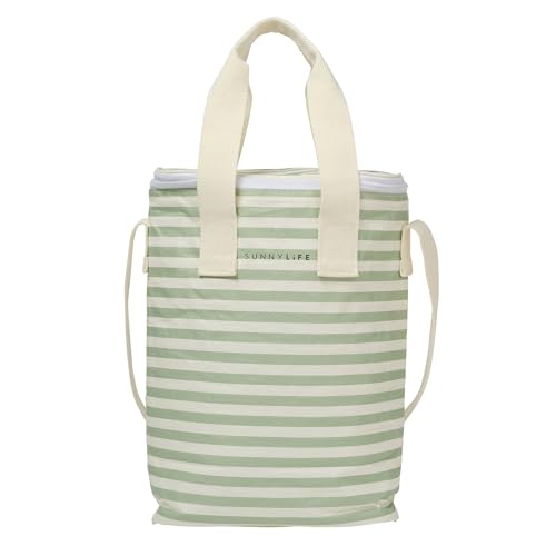 SUNNYLiFE Light Cooler Drinks Bag, Sea Sage Stripe, PP/PEVA/EPE Material, 13.39 x 9.45 x 4.33 inches, 0.73 lbs, Insulated, Collapsible, 8L Capacity, Includes Freezable Gel Ice Pack