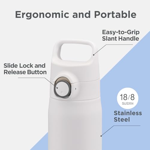 TIGER Water Bottle 16.9 oz (500ml), Ultra-Light Vacuum Insulated Travel Mug with Slanted Handle, One-Push Leak-Proof Lid, 18/8 Stainless Steel, MTA-J050WH, Smoke White 16.9 Ounces