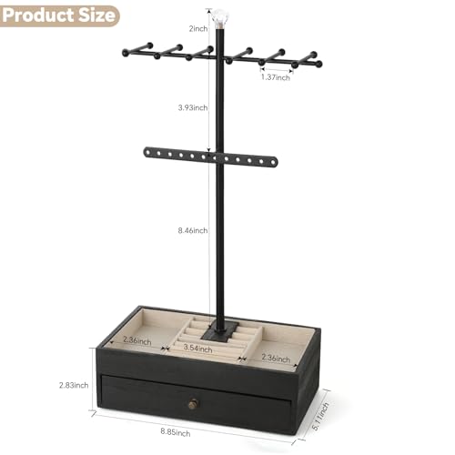 Meangood Jewelry Organizer Stand, 3-Tier Necklace Holder Jewelry Tree with Wooden Storage Drawer Box for Necklace Bracelet Earring Ring,Black Dark Black
