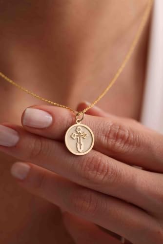 LKBEADS Saint Olga Cross Embossed Pendant Necklace Made in 925 Sterling Silver With Gold Plating 18" Cable Chain Round Shape Charm For Unisex Jewelry |LK_EMBO_00680