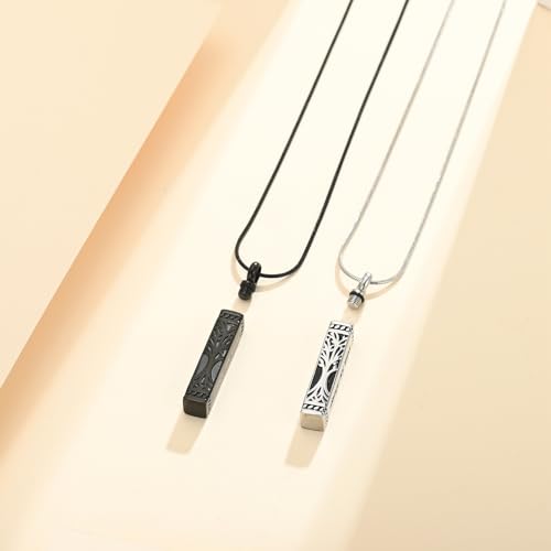 Tree of Life Cremation Jewelry for Men Women - 2 Pcs Cylinder & Heart Urn Necklaces for Ashes Stainless Steel Memorial Keepsake Pendant for Human Pet Ashes Silver&-Black