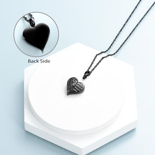 shajwo Cremation Heart Urn Necklace Ashes Jewelry for Women Men Keepsake Pendant Memorial Locket Ash Holder Wing-G1 Black