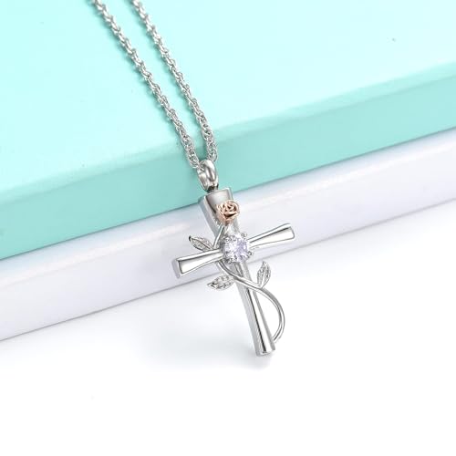 Cross Urn Necklace for Ashes Birthstone Rose Flower Cremation Jewelry for Women Gilrs Keepsake Memorial Ash Pendant Silver-light purple