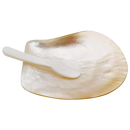 2 Pcs Natural Shell Plate Set, Mother of Pearl Caviar Plate and Pearl Spoon, Caviar Spoon and Dish Set for Jewelry, Appetizers, Desserts, Decorations (Pack of 2) 9.2-9.9cm (Pack of 2)