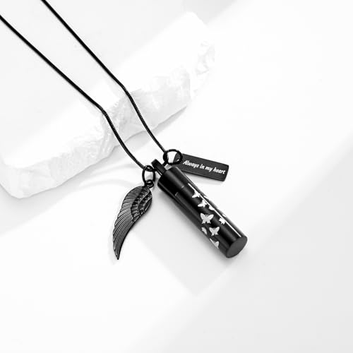 zeqingjw Cremation Jewelry Butterfly Cylinder Urn Necklace for Ashes Stainless Steel Urn Keepsake Ash Holder Funeral Memorial Pendant of Loved Ones Black