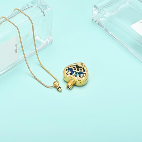 Heart Urn Necklace For Ashes Birthstone Pet Memorial Jewelry Dog Paw Print Cremation Pendant Stainless Steel Keepsake Gift For Pet Lovers Gold blue