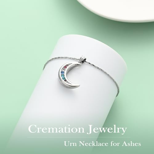 Yinplsmemory Cremation Jewelry Crescent Moon Urn Ashes Necklace for Women Men Memorial Human Pet Ashes Holder Pendant Necklace Rainbow