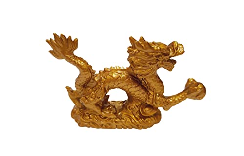 DMtse Chinese Feng Shui Dragon Lucky Golden Color Figurine Statue for Luck & Success 4 inch Long with Box