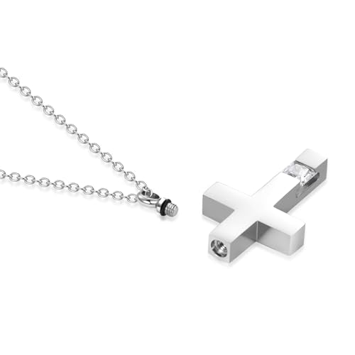 MiniJewelry Christian Cross with Cubic Zirconia Urn Necklaces for Ashes Cremation Jewelry Keepsake for Adult Women Men Human Family Loved One