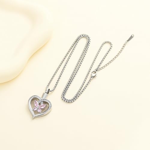 Oinsi Heart Cremation Jewelry Crystal Butterfly Urn Necklace for Ashes Stainless Steel Ash Necklace Memorial Keepsake Lokets for Ashes for Women Pink