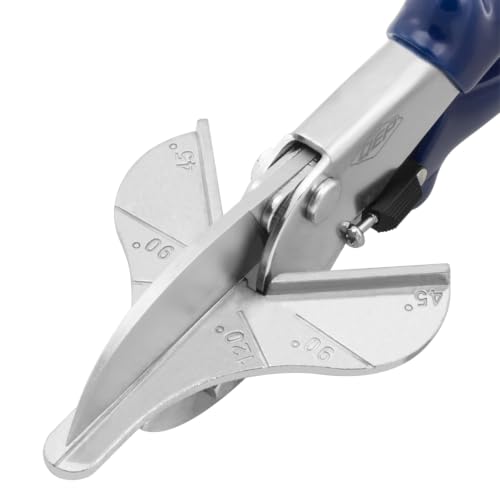 QEP multi-use trim shears for angle cuts, featuring sharp metal blades and ergonomic handles
