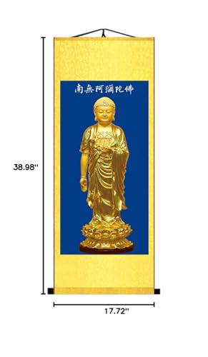 Zzooi Asian Elegant Buddhist Art Chinese Style Buddha Portrait Namo Amitabha Wall Art Hanging Silk Painting,Amituofo Chant 39"L x 17.7"W