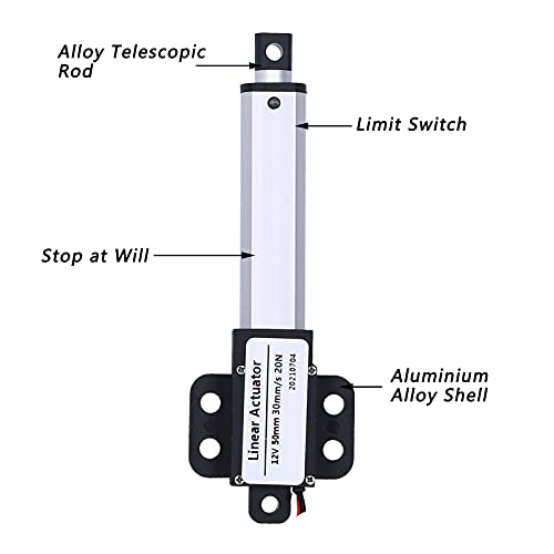 12V DC Linear Actuator 50mm Stroke, Low Noise Mini Electric Actuator Motor with Internal Limit Switch, 20N Force, 30mm/s Speed for Automotive, Home, Industrial Use Stroke 50mm-30mm/s-20N