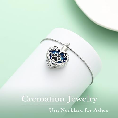 Yinplsmemory Pet Urn Necklace Pendant Jewelry for Dog Cat Memorial Crystal Heart Cremation Jewelry with Paw Print Ashes Keepsake Funeral Jewelry Silver-blue