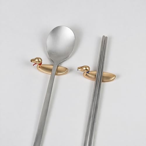 Mandarin Duck Couple Spoon Rest Set - Traditional Korean Harmony Symbol Gold Tone - Magnetic Utensil Holder - Wedding Housewarming Gift