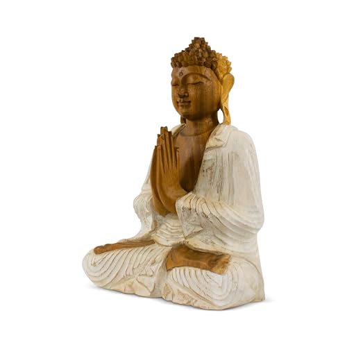 G6 Collection Wooden Serene Sitting Buddha Statue Handmade Meditating Sculpture Figurine Home Decor Accent Wood Hand Carved Modern Contemporary Oriental Buddha Anjali Mudra (8" Tall – Whitewashed) 8" Tall – Whitewashed