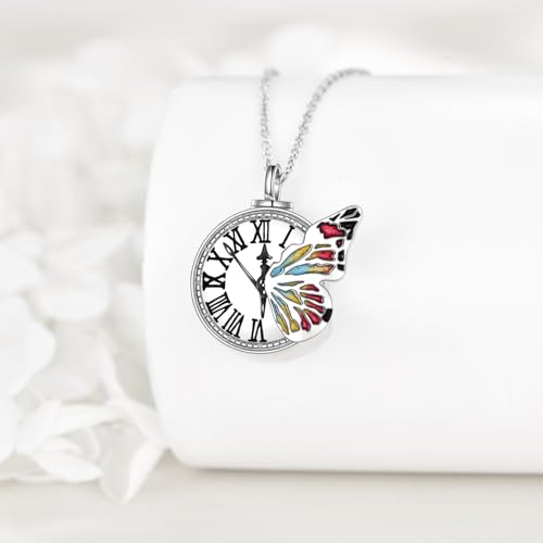 VONALA Butterfly Urn Necklace 925 Sterling Silver Clock Cremation Urn Memorial Pendant Necklace Urn Keepsakes Cremation Jewelry for Ashes