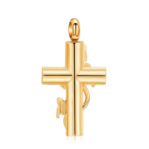 Butterfly Cross Urn Necklace for Ashes, Stainless Steel Memorial Keepsake Pendant for Men Women, Screw Top Seal Design Cremation Jewelry for Ashes Holder Cross Pendants for Ashe of Loved Gold