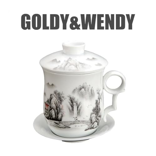 GOLDY&WENDY 4 Pieces Classic Ceramic Tea Cup Chinese Pattern Porcelain Tea Mug with Strainer Infuser and Lid and Saucer for Home Office F-Mountain 12.2 Ounces