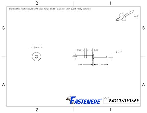 Fastenere large flange stainless steel blind rivets, 3/16 x 1/4 inch, open end, 25 pack