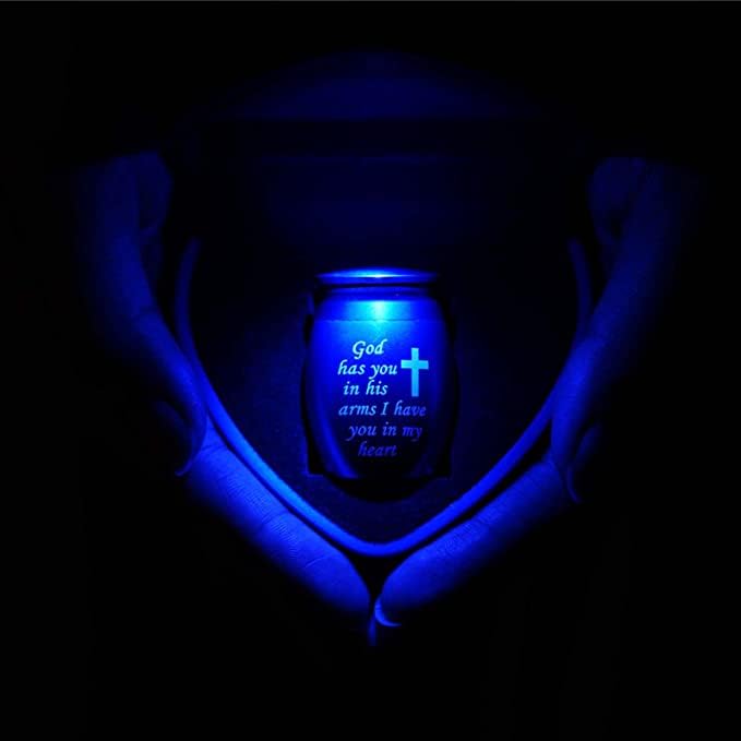 Small Keepsake Urns Comes with Heart Box w/Light (Battery Replaceable)- Best Memorial Gifts for Loss of Loved One - Mini Cremation Urn w/Urn Necklace - Miniature Ashes Holder Tiny Sharing Token Urn Blue