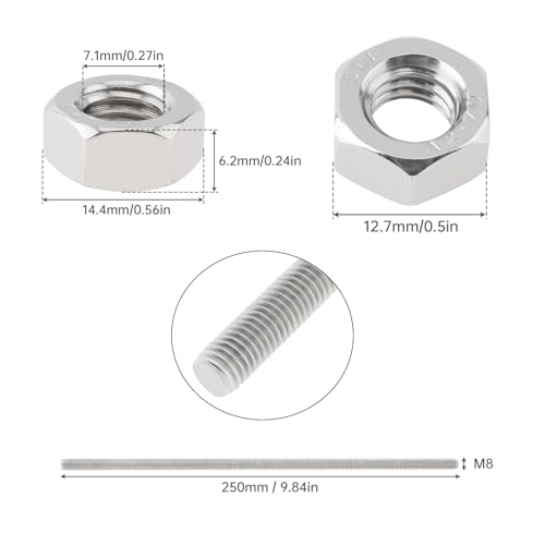 5Pack M8-1.25 x 250mm Fully Threaded Rod Studs, CLAHJQX 304 Stainless Steel Length Fully Threaded Screw Rod for Anchor Bolts/Clamps/Hangers Beaded Garden Stake Rods U Bolts with M8 Hex Nuts