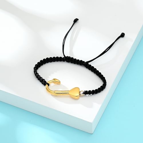 zeqingjw Cremation Ashes Keepsake Heart Fish Hook Urn Bracelet for Ashes Adjustable Black Braided Rope Cremation Bangle Urn Jewelry for Men Women Gold