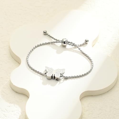 Butterfly Urn Bracelet for Ashes for Women Men Stainless Steel Adjustable Link Urn Bracelet Cremation Jewelry Memorial Keepsake Ashes Holder Silver