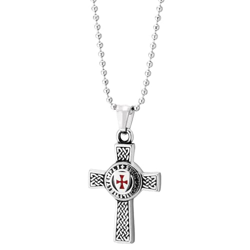 COOLSTEELANDBEYOND Men's Stainless Steel Knights Templar Cross Necklace, Crusader Red Enamel Pendant, Celtic Knotwork Jewelry, Masculine Medieval Religious Gift for Him