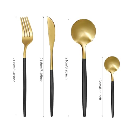 24-Piece Black Golden Flatware Set, Gold Silverware Set for 6, 18/0 Stainless Steel Knife Fork Spoon Teaspoon Silverware Set (Black Golden)