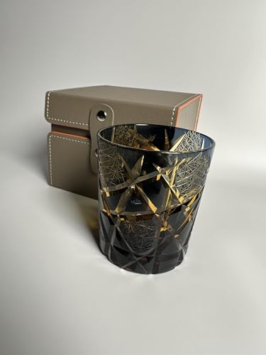 Whiskey Glass 9 oz Blue & Brown Hand-Cut Glass Tumbler, Edo Style