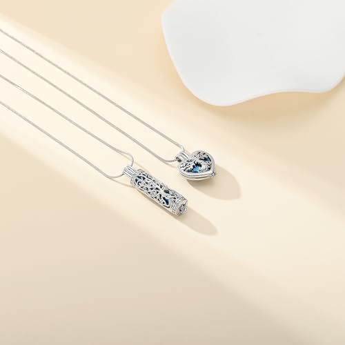 Tree of Life Cremation Jewelry for Men Women - 2 Pcs Cylinder & Heart Urn Necklaces for Ashes Stainless Steel Memorial Keepsake Pendant for Human Pet Ashes Blue