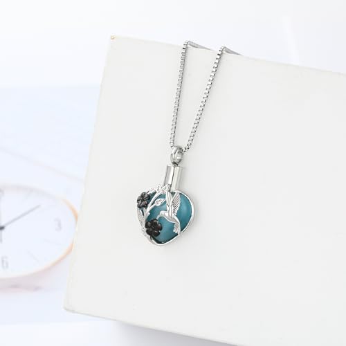 XSMZB Cremation Ashes Jewelry Hhummingbird Flower Urn Necklace for Ashes Human Pet Funeral Memorial Pendant Heart Moonstone Keepsake Silver-Black