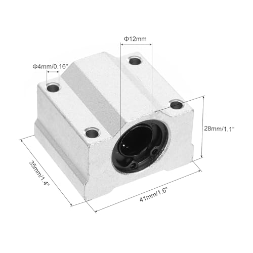 sourcing map 4PCS SCS12UU Linear Motion Ball Bearing Slide Bushing Aluminum 41mm Long Linear Roller Bearing Slide Block for 12mm Round Shaft Rod in 3D Printer, CNC Machine, Silver Tone