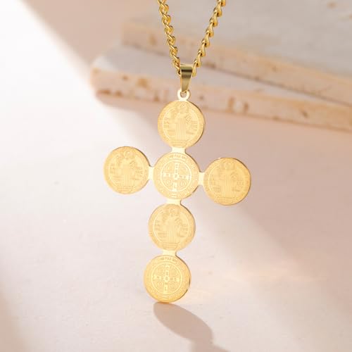 LIKGREAT Saint Benedict Cross Medal Necklace for Men Women Stainless Steel Exorcism Medal Ward Off Evil Amulet Religious Protection Jewelry 1-Gold