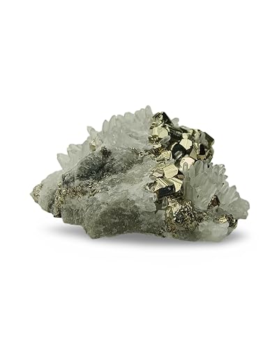 Natural Pyrite Crystals with Clear Quartz Crystal from Peru - Authentic Specimen Formed by Clusters & Druses of White Quartz and Pyrite Stone | for Collection, Decoration or Gifting (3 to 4 Ounce) 3 to 4 Ounce