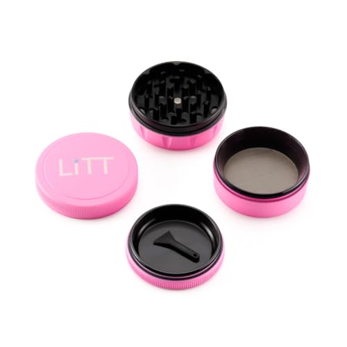 LITT Grinder - Premium Aluminium Herb Grinder with Unique Curved Teeth, Strong Magnetic Top Lid, 4-Piece Design, Kitchen Storage Accessories for Spices and Herbs | Pink