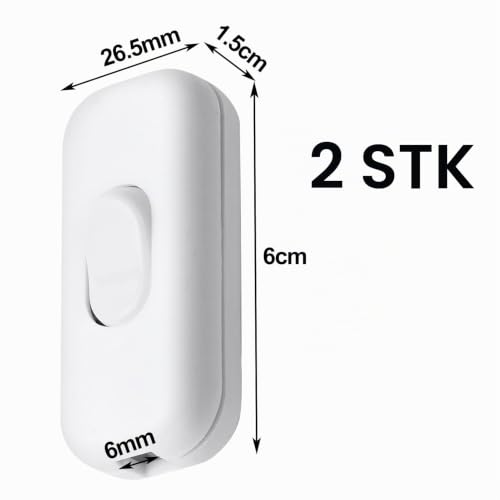 Pack of 2 cord switches, 2-pin, lamp switch | Intermediate switch, cable switch, lamp switch, 6A 250V, for 2-3 wire leads, for lamps, small appliances (White)