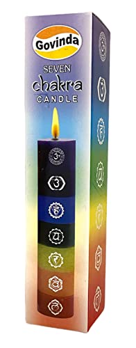 Govinda Premium Seven Chakras Layered Pillar Candle 1.5" Dia x 7" High | 7 Chakras from Crown to Root | Perfect for Positive Energy, Meditation and Relaxation