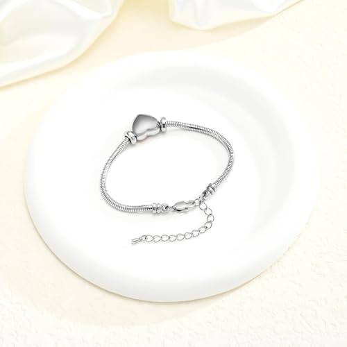Cremation Jewelry Mini Heart Urn Bracelet for Ashes for Women Men Love Memorial Keepsake Snake Chain Link Bracelet Sympathy Jewellery Gift Silver