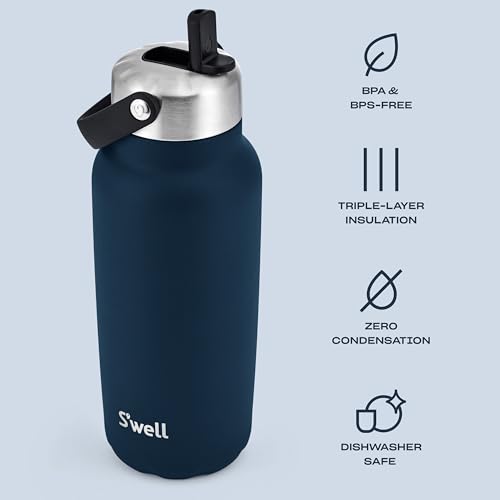 S'well Recycled Stainless Steel Explorer with Flip Straw Lid, 32oz, Azurite, Triple Layered Vacuum Insulated Container Keeps Drinks Cold for 42 Hours and Hot for 10