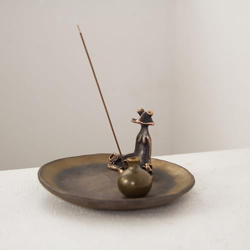 Frog-Vase Incense Holder,Rust-Glazed Rotus Ceramic Insence Stick Holder,Alloy Meditation Frog＆Mini Vase Ornament for Yoga/Meditation/Zen/Mindfulness (Small) round