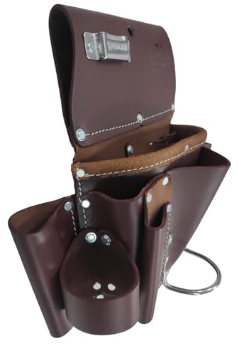 Zeluga 11-pocket Pro leather drywall pouch in cherry, left-hand tool pouch, shown from the front