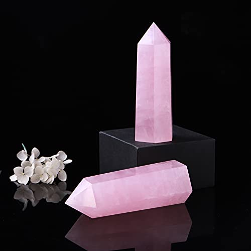 Runyangshi Large Rose Quartz Natural Healing Crystal Wand 4.72"-5" Crystals Tower 6 Faceted Single Point Crystal Prism Wand Natural Stones for Meditation Reiki Chakra Therapy Home Decor Gift 12-13cm