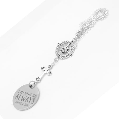 Cross Car Charm, I am with You Always Matthew 28:20, Rear View Mirror Charm, Religious Car Accessories Bible Verse Gifts for Men Women New Driver Gifts
