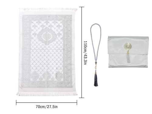 Muslim Prayer Rug and Beads with Elegant Slub Fabric Bag, Islamic Prayer Mat, Ramadan Prayer Blanket, 110 * 70CM, Grey