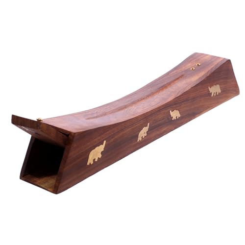 Puckator Sheesham Wood Ashcatcher Incense Sticks Burner Box with Elephant Inlay - Zen Spiritual Modern Gothic Home Room Decor Decorations - Meditation Accessories - Stick Cone Holder Burner Burners